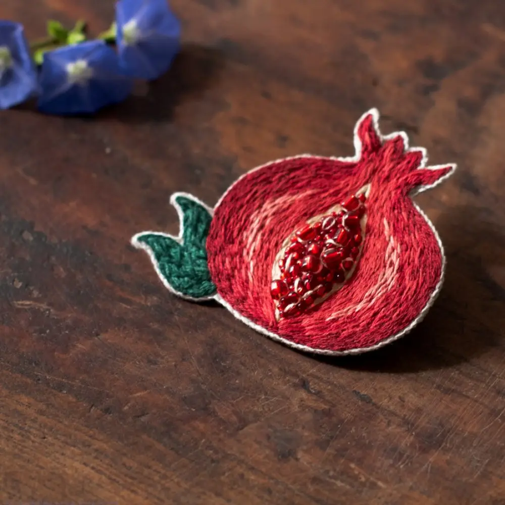 crimson red hand embroidered pomegranate felt brooch bead work needle art lapel badge pin gaatha
