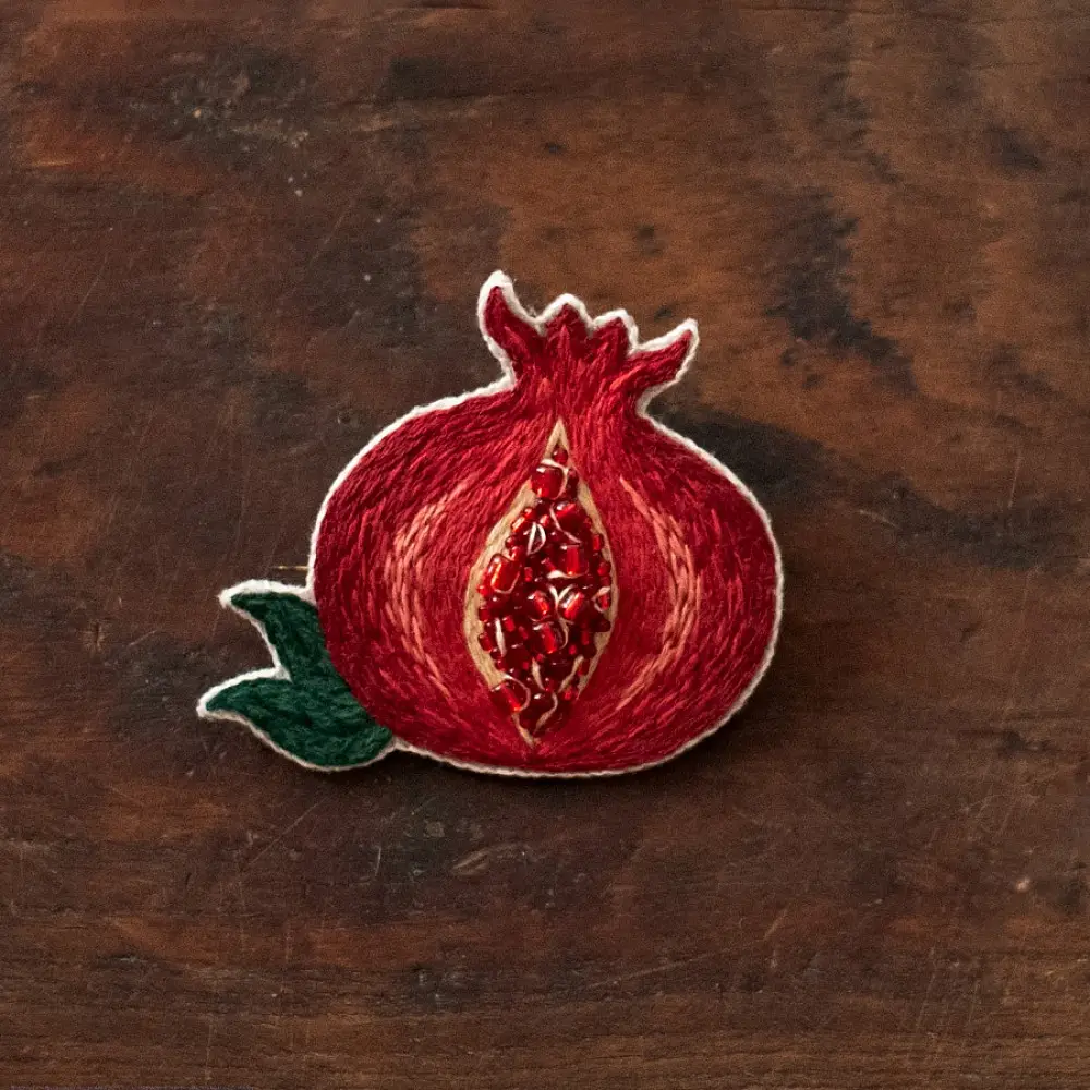 crimson red hand embroidered pomegranate felt brooch bead work needle art lapel badge pin gaatha