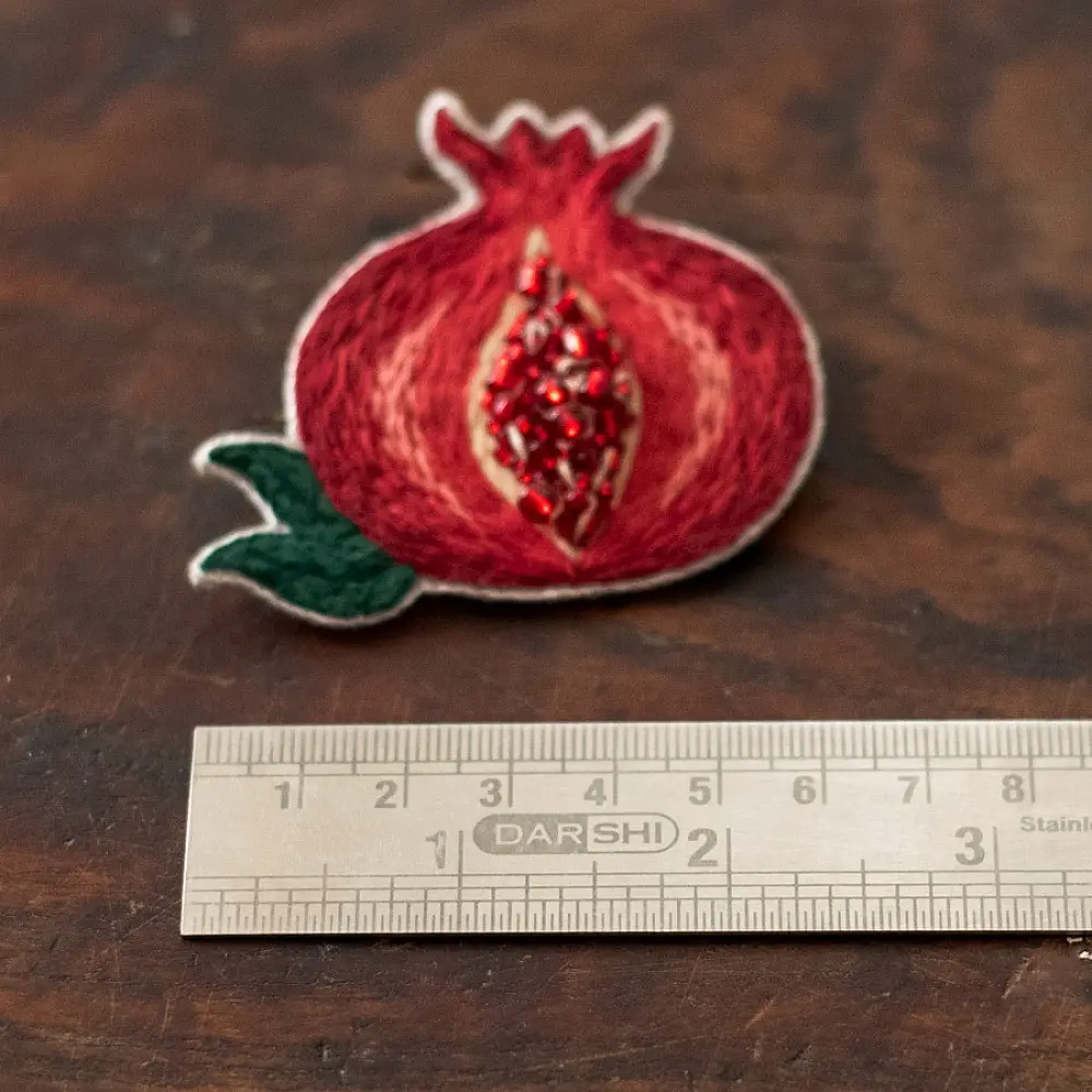 crimson red hand embroidered pomegranate felt brooch bead work needle art lapel badge pin gaatha
