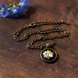 Needle Art ~ Hand Embroidered Jewelry - Bead & Flower Necklace 