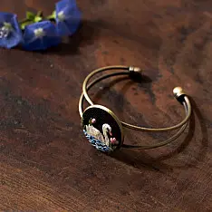 Needle Art ~ Hand Embroidered Jewelry - Swan in a pond bracelet 
