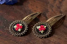 Needle Art ~ Hand Embroidered Jewelry - Red Rose Hair Clip