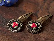 Needle Art ~ Hand Embroidered Jewelry - Red Rose Hair Clip