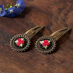 Needle Art ~ Hand Embroidered Jewelry - Red Rose Hair Clip