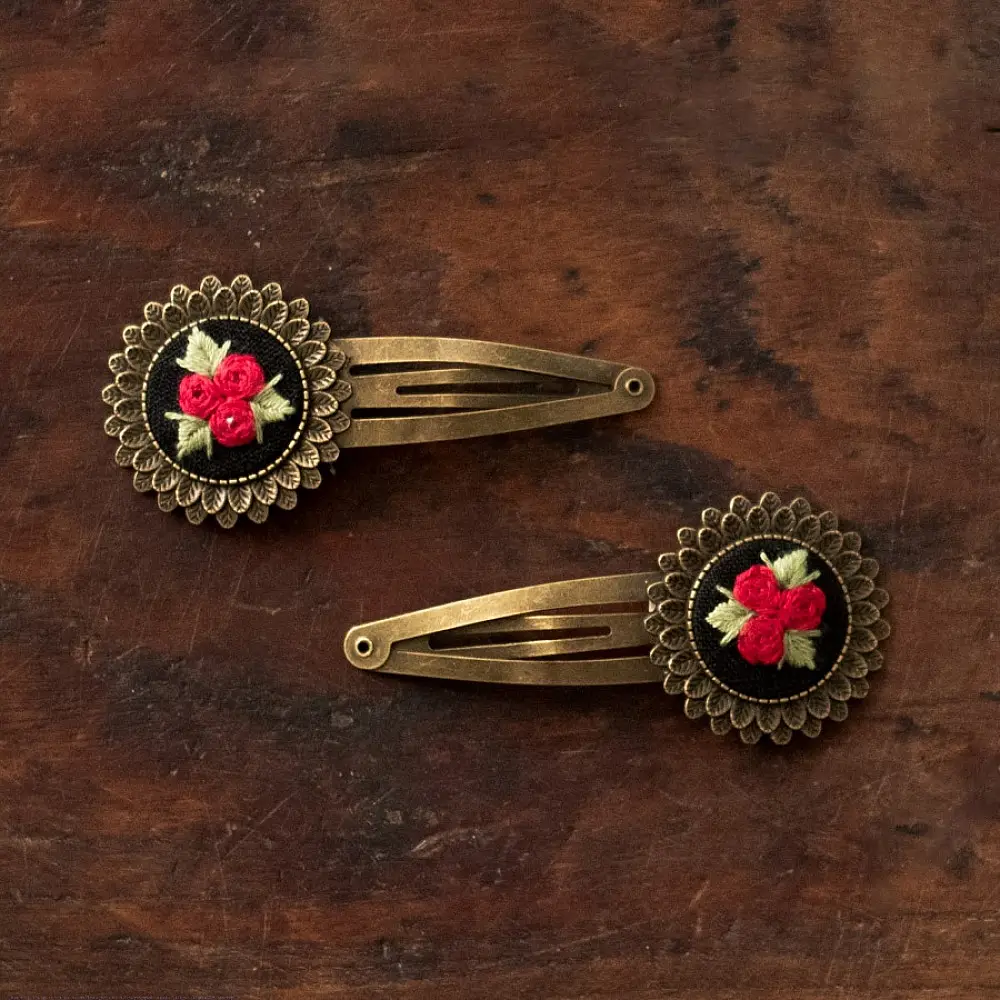 shop Hand Embroidered Jewelry - Red Rose Hair Clip