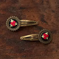 Needle Art ~ Hand Embroidered Jewelry - Red Rose Hair Clip