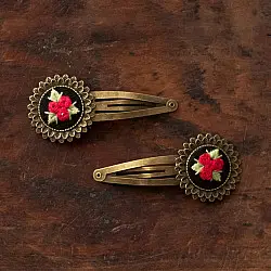 Needle Art ~ Hand Embroidered Jewelry - Red Rose Hair Clip