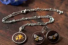 Needle Art ~ Hand Embroidered Jewelry - Honey bee necklace set