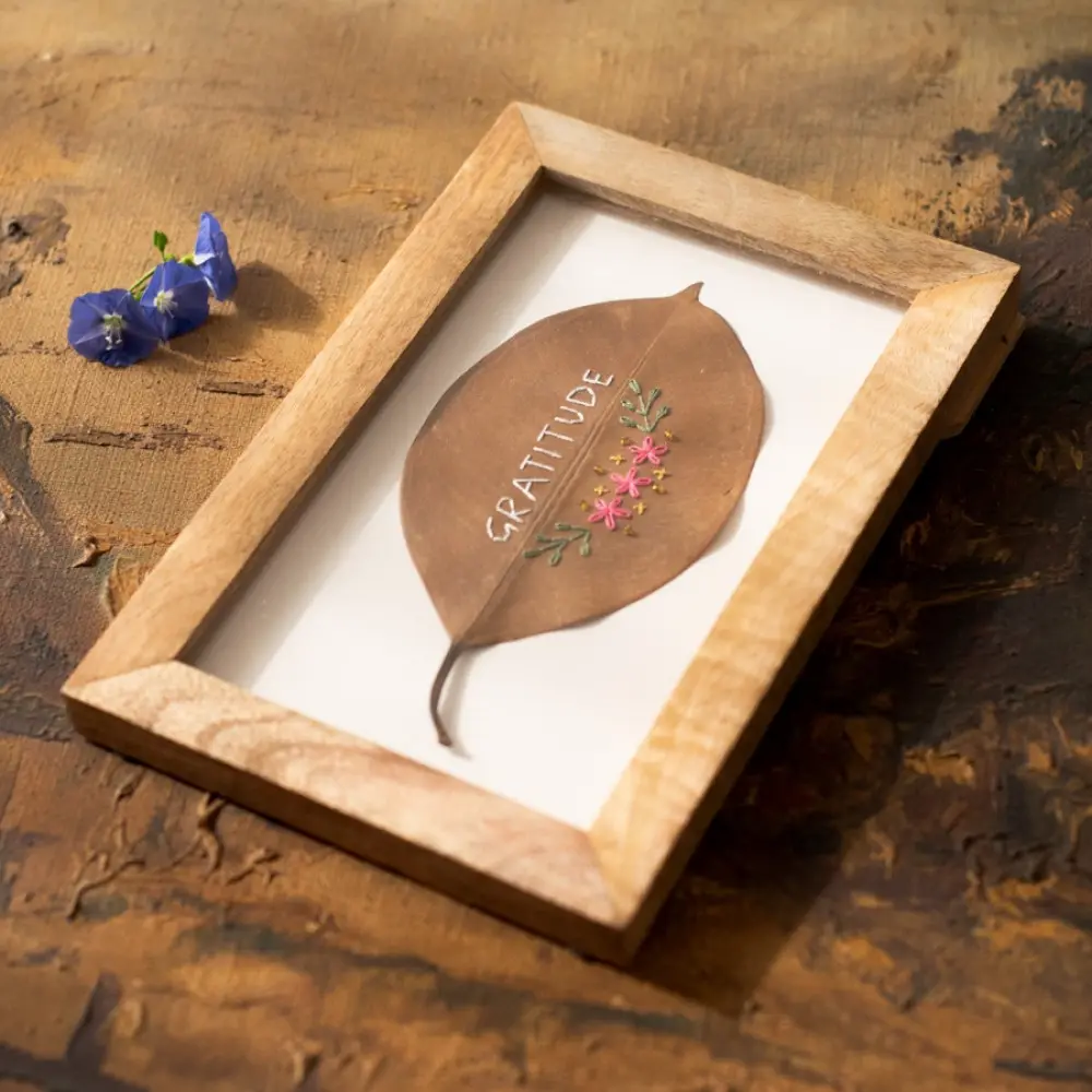 shop Hand Embroidered Gratitude leaf frame 
