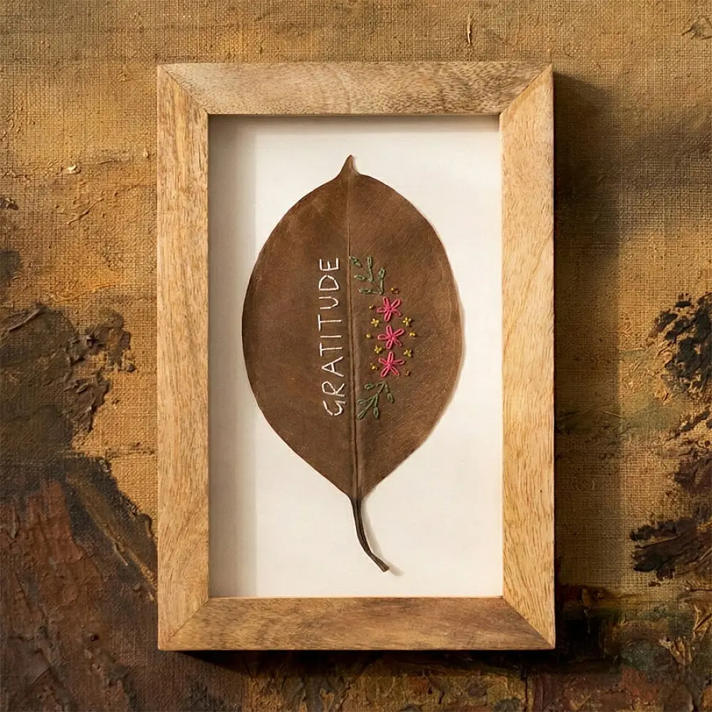 shop Hand Embroidered Gratitude leaf frame 