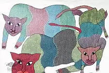 Gond Tribal Canvas Painting - Big Cat (2.5' x 3') 