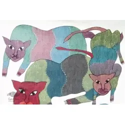 Gond Tribal Canvas Painting - Big Cat (2.5' x 3') 