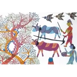 Gond Tribal Canvas Painting - Village (3' x 3') 