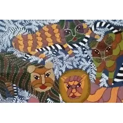 Gond Tribal Canvas Painting - Lion (3' x 3') 