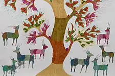 Gond Tribal Canvas Painting - Tree & Deers (3' x 4')