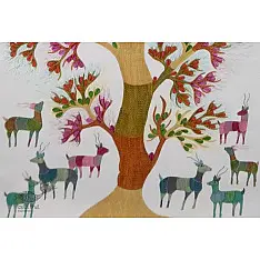 Gond Tribal Canvas Painting - Tree & Deers (3' x 4')