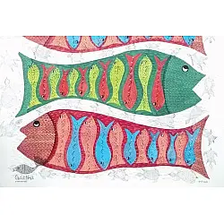 Gond Tribal Canvas Painting - Fish (2.5' x 3') 
