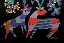Gond Tribal Canvas Painting - Hiran in Black Background (2' x 3')