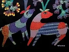 Gond Tribal Canvas Painting - Hiran in Black Background (2' x 3')
