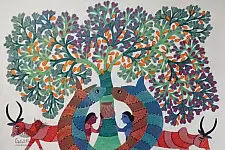 Gond Tribal Canvas Painting - Cow (3' x 3') 