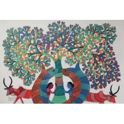 Gond Tribal Canvas Painting - Cow (3' x 3') 