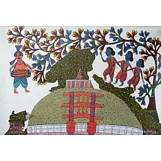 Gond Tribal Canvas Painting - Festival Celebration (3' x 3') - 9