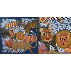 Gond Tribal Canvas Painting - Lion (3' x 3') 