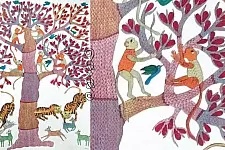 Gond Tribal Canvas Painting - Tigers (2.5' x 3') 