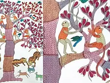 Gond Tribal Canvas Painting - Tigers (2.5' x 3') 