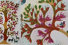 Gond Tribal Canvas Painting - Tree & Deers (3' x 4')