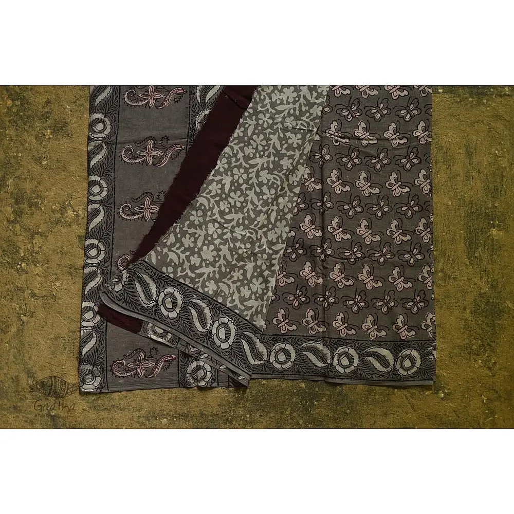 shop dabu hand block printed cotton saree - Butterfly motif 