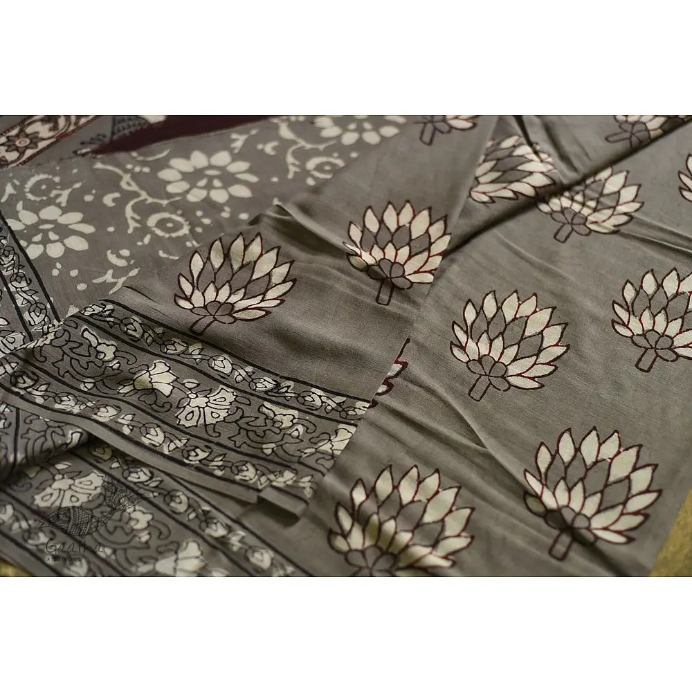 shop dabu hand block printed cotton saree - Lotus Printed in Grey Color
