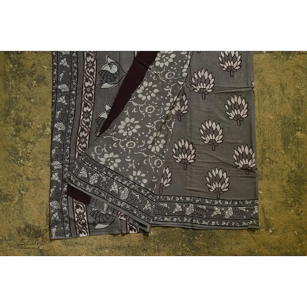 shop dabu hand block printed cotton saree - Lotus Printed in Grey Color