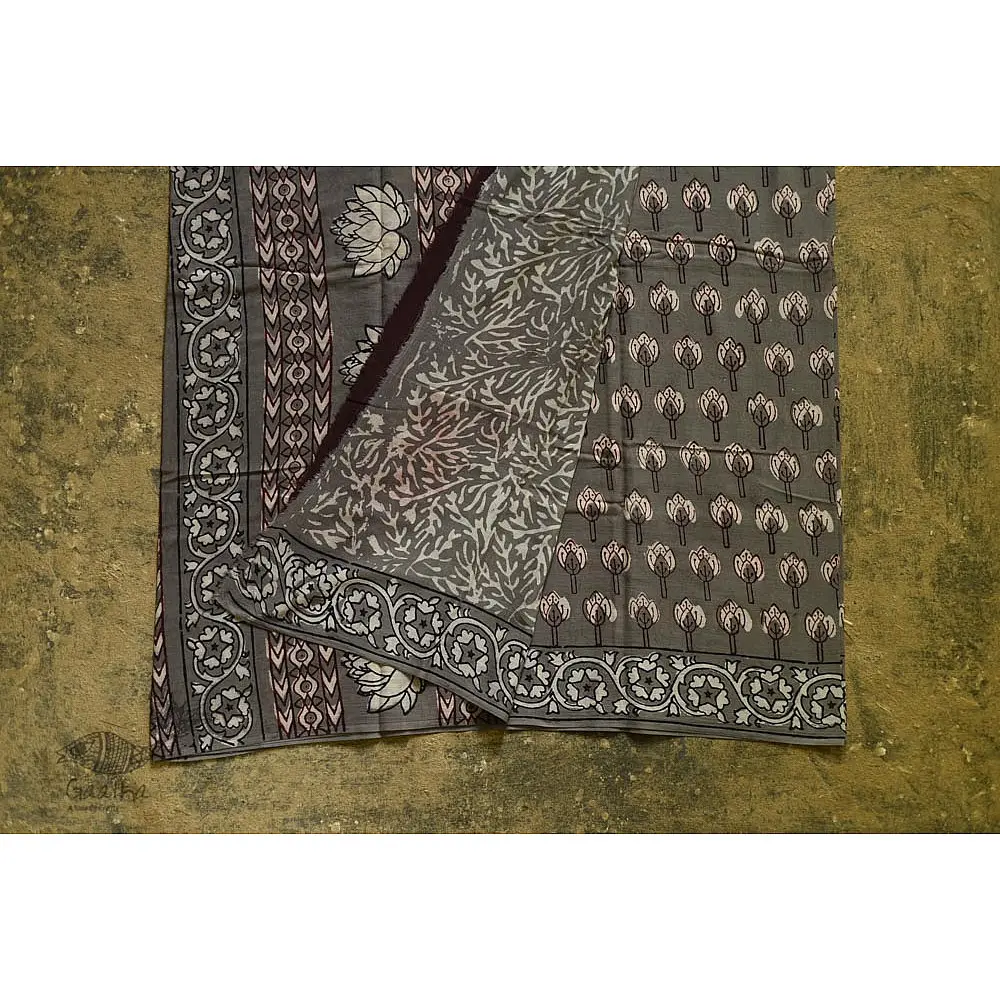 shop dabu hand block printed cotton saree Brown