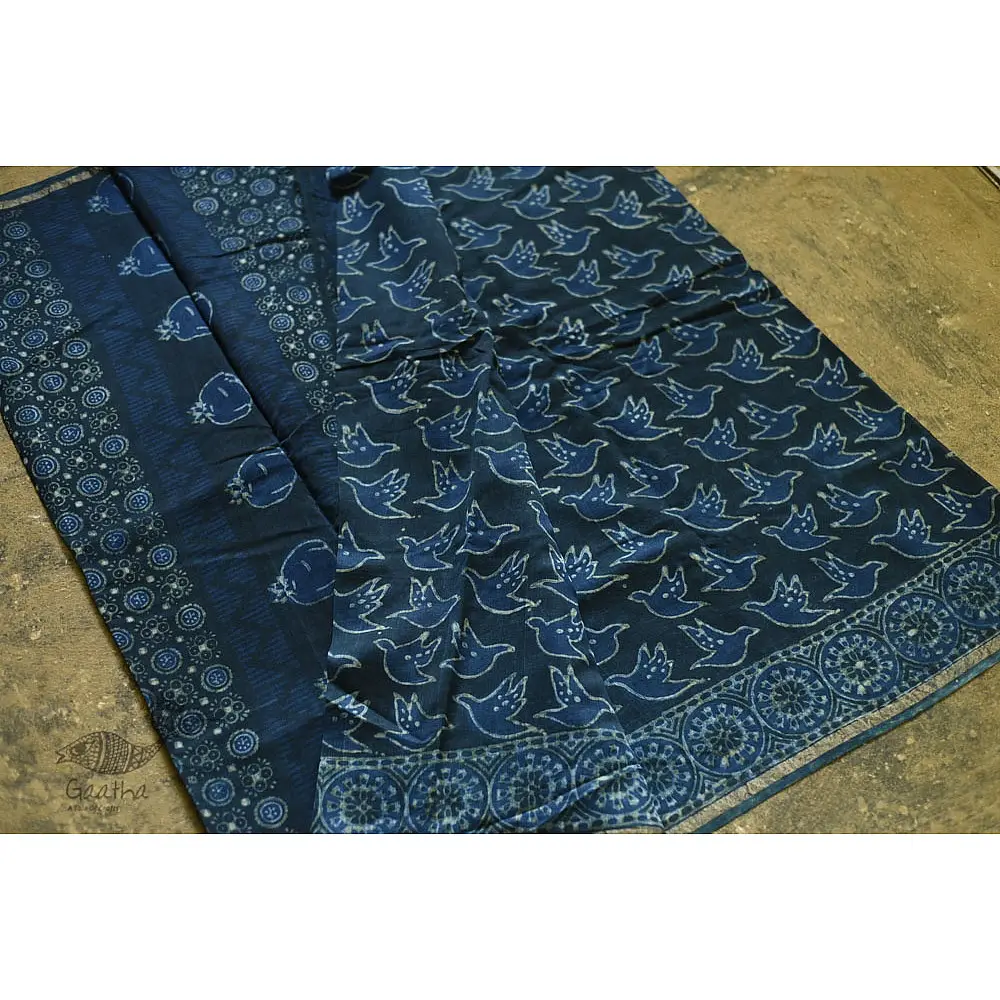 shop Dabu  Block Print - Chanderi Indigo Saree pigeon-motif