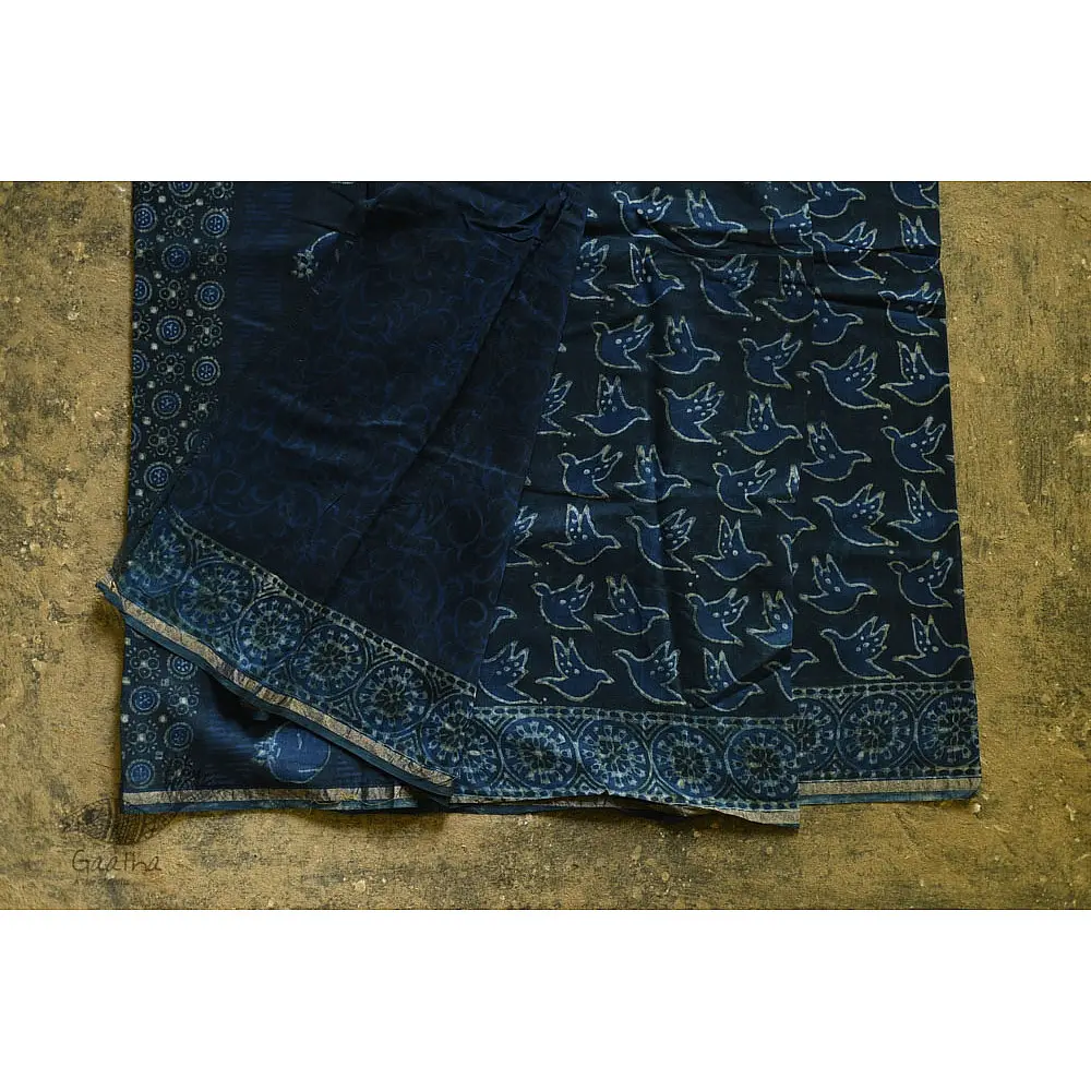 shop Dabu  Block Print - Chanderi Indigo Saree pigeon-motif