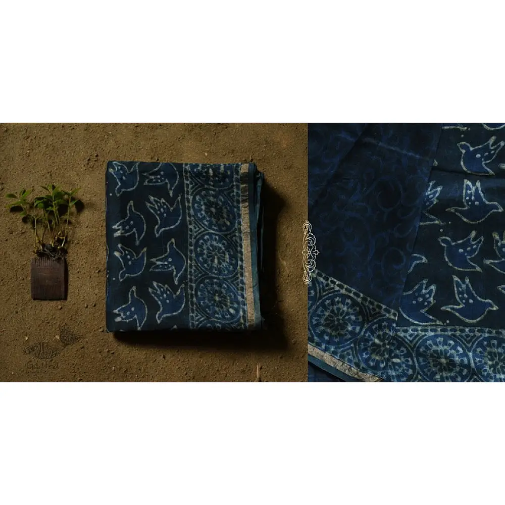 shop Dabu  Block Print - Chanderi Indigo Saree pigeon-motif