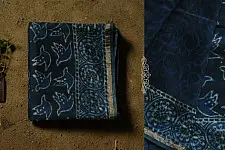 Saanjhh . साँझ | Dabu  Block Print - Chanderi Indigo Saree pigeon motif