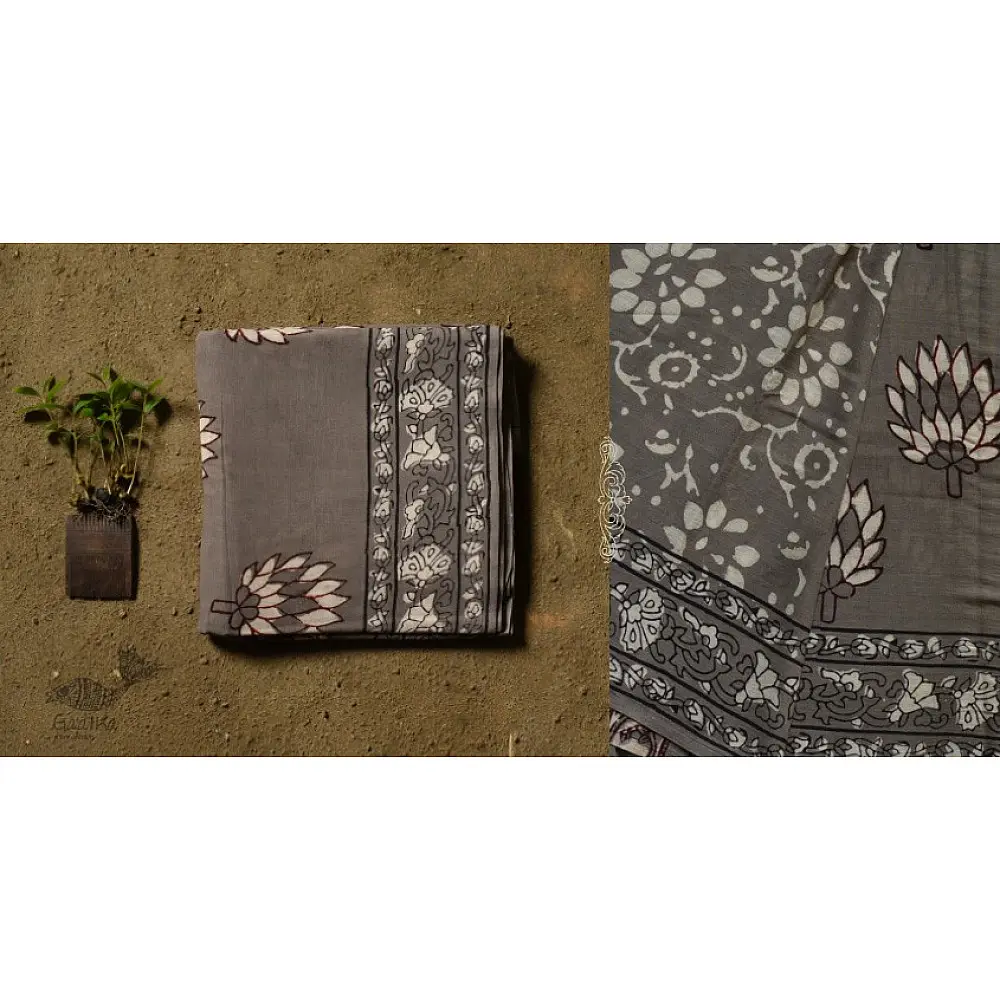 shop dabu hand block printed cotton saree - Lotus Printed in Grey Color