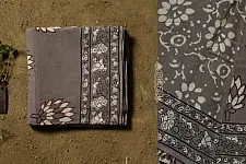 Saanjhh . साँझ | Dabu Block Printed Cotton Saree - Lotus Printed in Grey Color