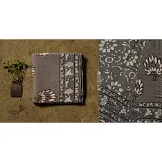Saanjhh . साँझ | Dabu Block Printed Cotton Saree - Lotus Printed in Grey Color