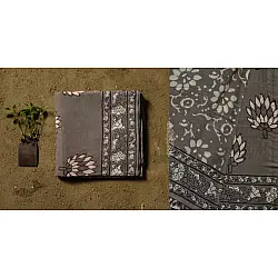 Saanjhh . साँझ | Dabu Block Printed Cotton Saree - Lotus Printed in Grey Color