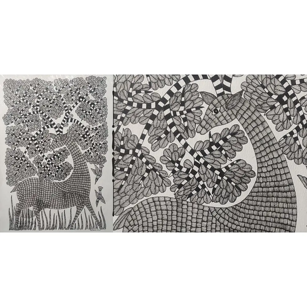 Gond art india - hand painted gond  deer painting 