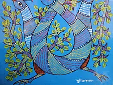 Gond Art | Blue Peacock (14"x15")