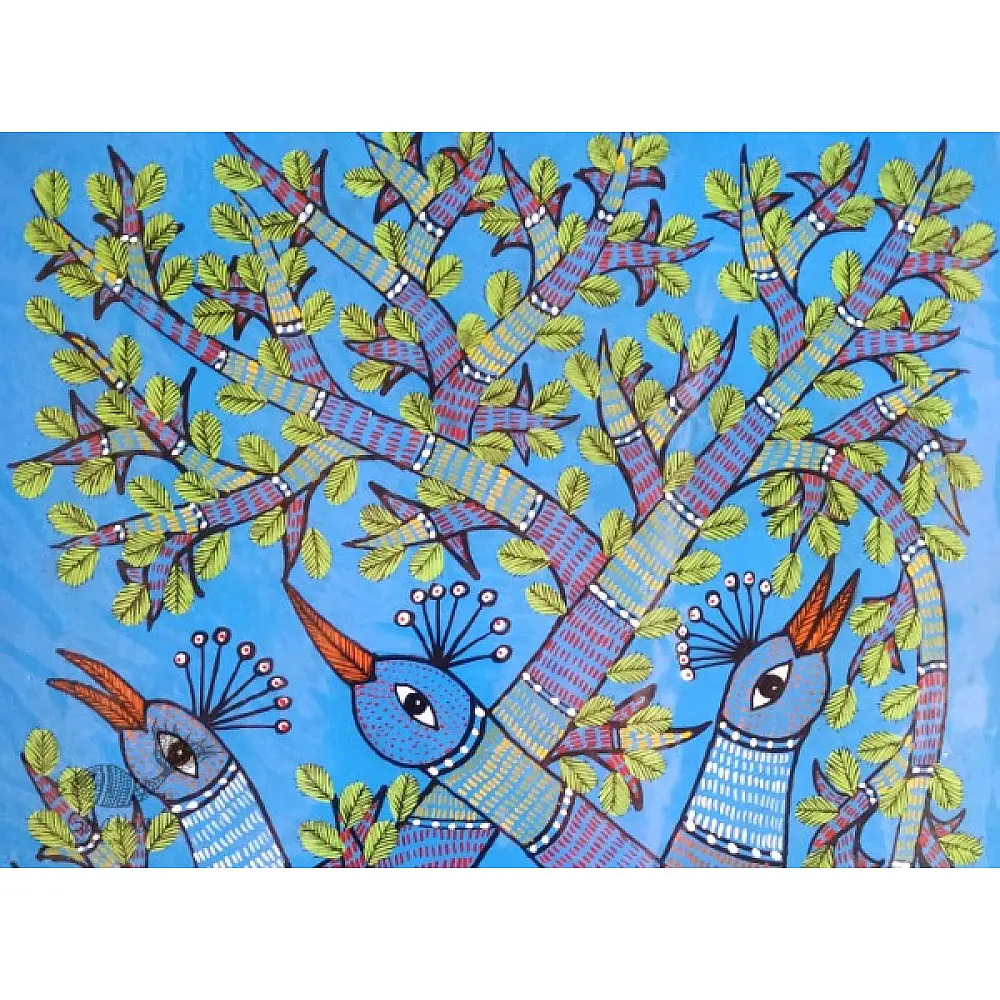Gond india art - blue Peacock 