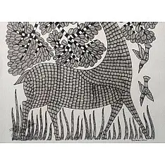 Gond Art | Black & White Deer (14"x 22")