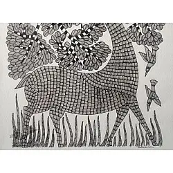 Gond Art | Black & White Deer (14"x 22")