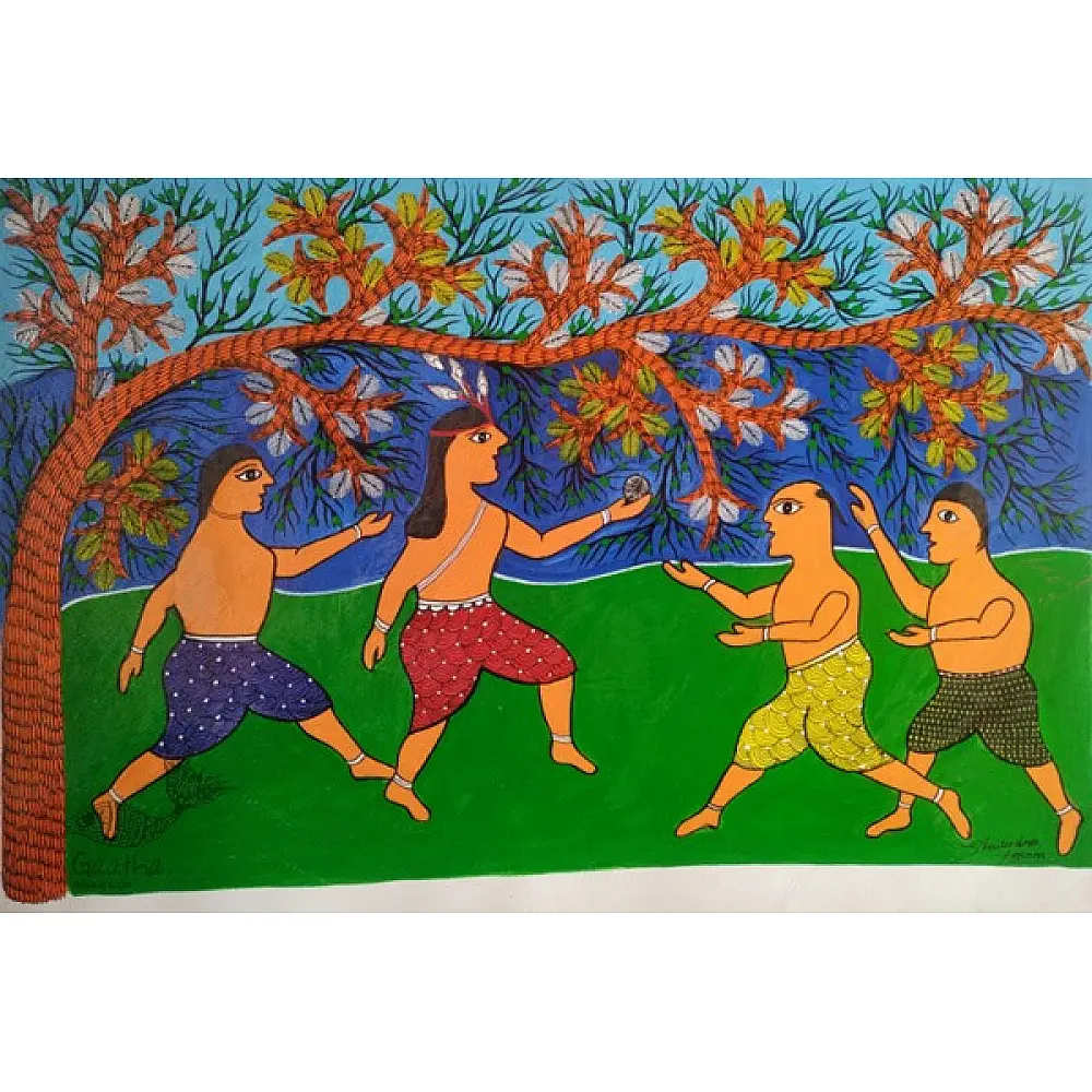 Gond art-  Krishna with Friends 