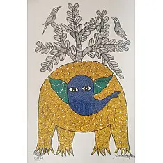 Gond Art ~ Hand Painted Gond Painting - Elephant & Tree