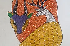 Gond Art ~ Hand Painted Gond Painting - Bull & Deer